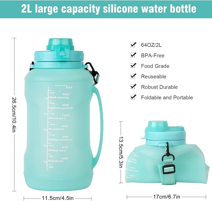 Collapsible Water Bottles, 2L/64OZ travel water bottle Bottle with Straw, Half Gallon Large Water Bottle for Travel Outdoor Sports Runing Fitness Yoga (Upgraded Snow Cyan)