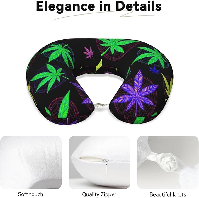 Comfortable Travel Pillow for Pain Relief Sleeping, Memory Foam Airplane Car Neck Pain Pillows Trippy Weedleaf Leaves Purple Black, Funny Chin Head Support Cushion