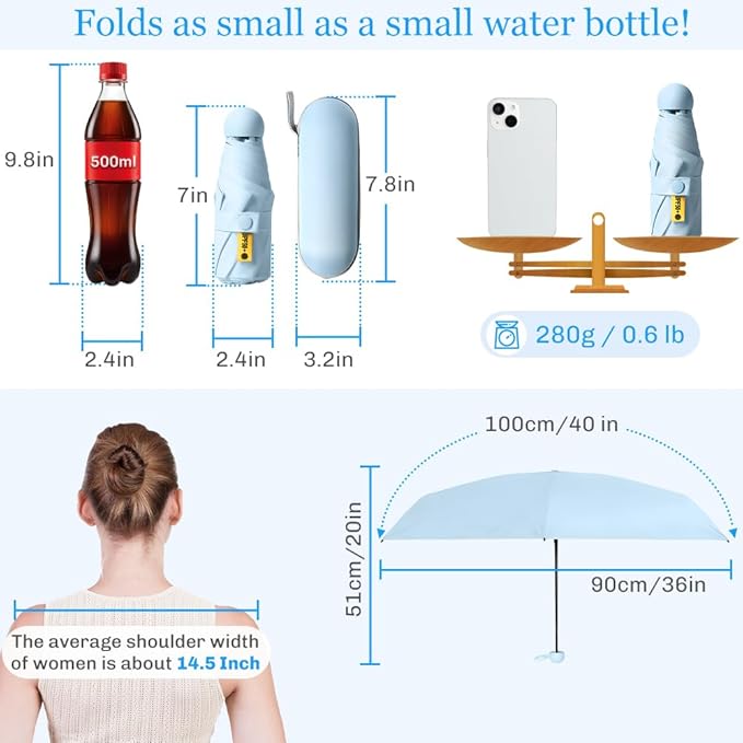 TOPSAIL Mini Umbrella Compact for Travel, UV Sun Protection(UPF50+), Waterproof for Light Rain, Suitable for Women & Kids With a Case, Manual 6k Folding Small Pocket Size Ufor Backpack/Purse