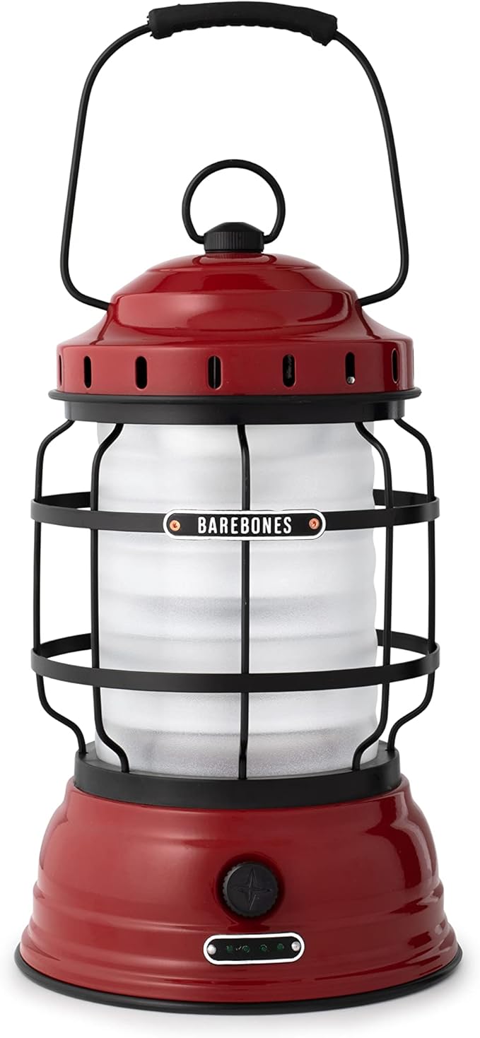 Barebones Forest Lantern – Red, Vintage Rechargeable LED Lantern with Adjustable Brightness – Battery Operated Camping Light for Outdoor Adventures, Backyard Gatherings, and Emergency Use