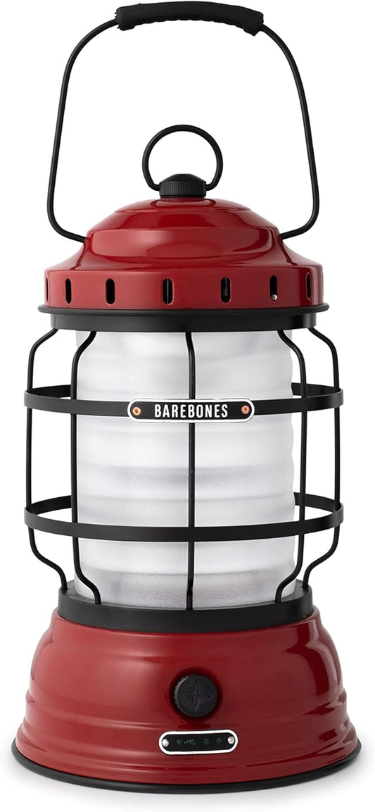 Barebones Forest Lantern – Red, Vintage Rechargeable LED Lantern with Adjustable Brightness – Battery Operated Camping Light for Outdoor Adventures, Backyard Gatherings, and Emergency Use