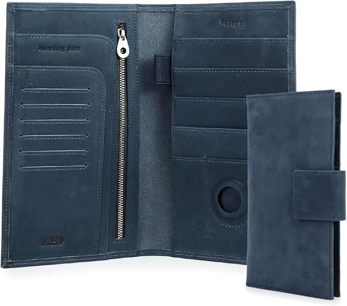 CONTACTS Full Grain Leather Family Passport Holder for 4 Airtag Passport Wallet RFID Blocking Travel Passport Cover with 4 Passport Slot, 6 Card Slot (Blue)