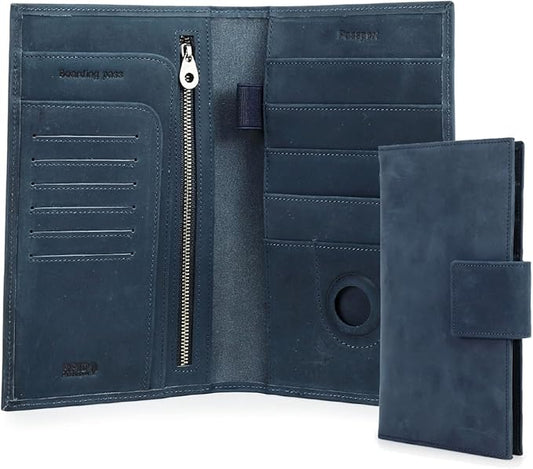 CONTACTS Full Grain Leather Family Passport Holder for 4 Airtag Passport Wallet RFID Blocking Travel Passport Cover with 4 Passport Slot, 6 Card Slot (Blue)