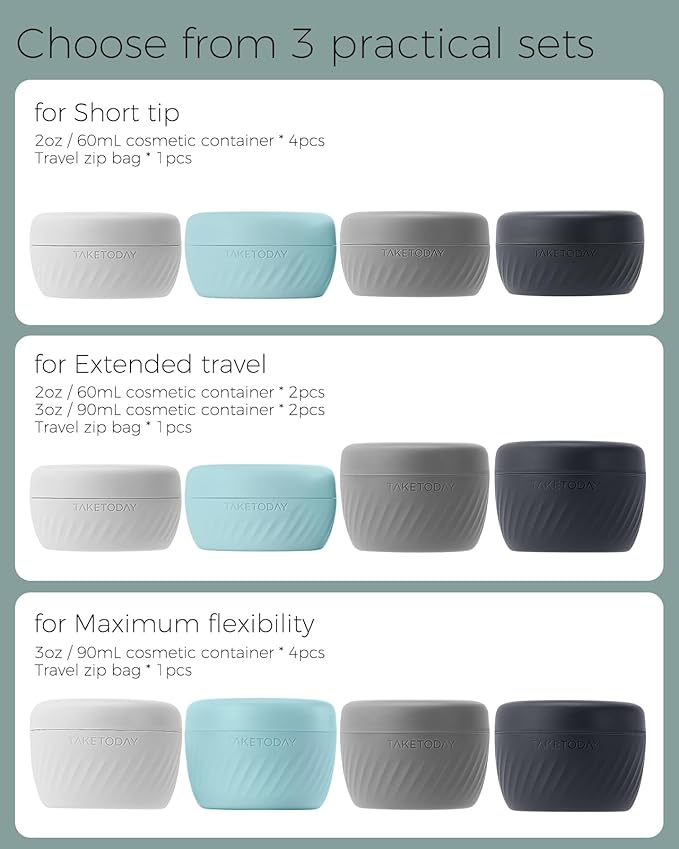 TakeToday Travel Containers for Toiletries, Leak-proof, TSA Approved, Refillable Silicone Cream Jars with Lid Travel Size Essential for Cosmetic toiletry Cream, 2oz, 4 Pack (Gray)