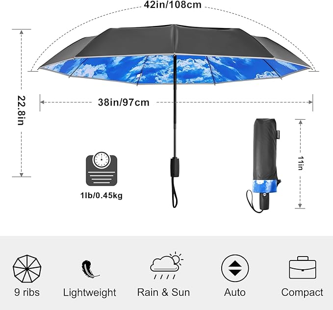 G4Free 42 Inch Eco Windproof Folding Umbrella for Rain & Sun 9 Ribs Wind Resistant Strong Fiberglass Double Canopy with Reflective Strip for Women Men Auto Open Close For Car & Backpack