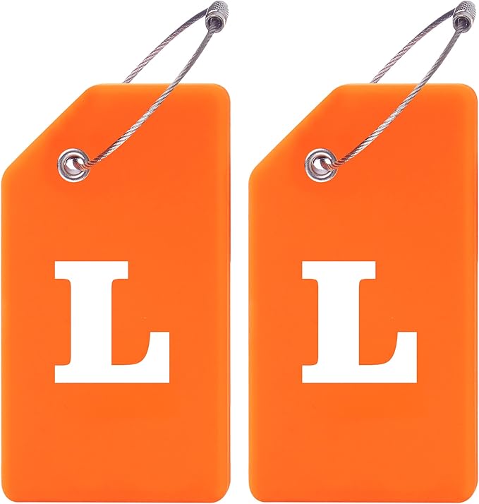 Gostwo 2 Pack Silicone Luggage Tags for Suitcases, 26 Initial Letter Baggage Labels Handbag School Bag Suitcase Instrument Tag with Stainless Steel Loop(Orange)(Letter L)