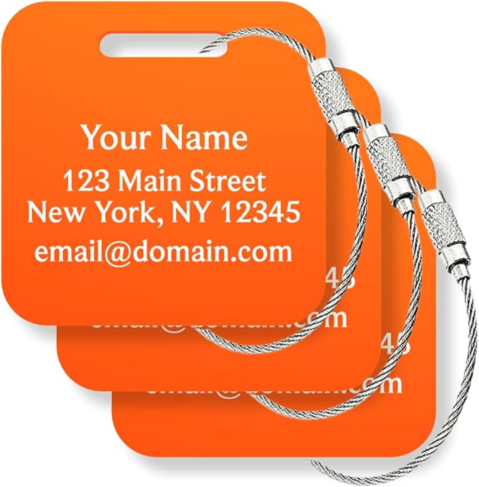 Custom Metal Luggage Tags (3 or 6 Pack) - Personalized Unique Suitcase & Backpack Travel, Durable, Waterproof & Heavy Duty (Orange)