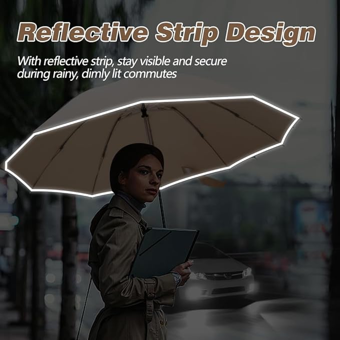 TOPSAIL 10 Ribs Inverted Umbrella with Carabiner Handle, Large Sturdy Folding Umbrellas Windproof for Rain & Sun, 49" Big Reverse Foldadble Umbrella for Travel Portable with Safe Reflective Strip, for Women Men