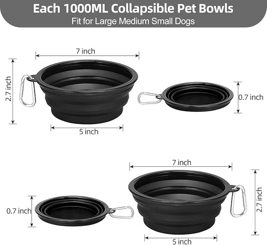 Kytely Large Collapsible Dog Bowls 2 Pack, 34oz Foldable Dog Travel Bowl, Portable Pet Water Food Bowl with Clasp, Pet Cat Feeding Cup Dish for Traveling, Walking, Hiking (Black+Balck)