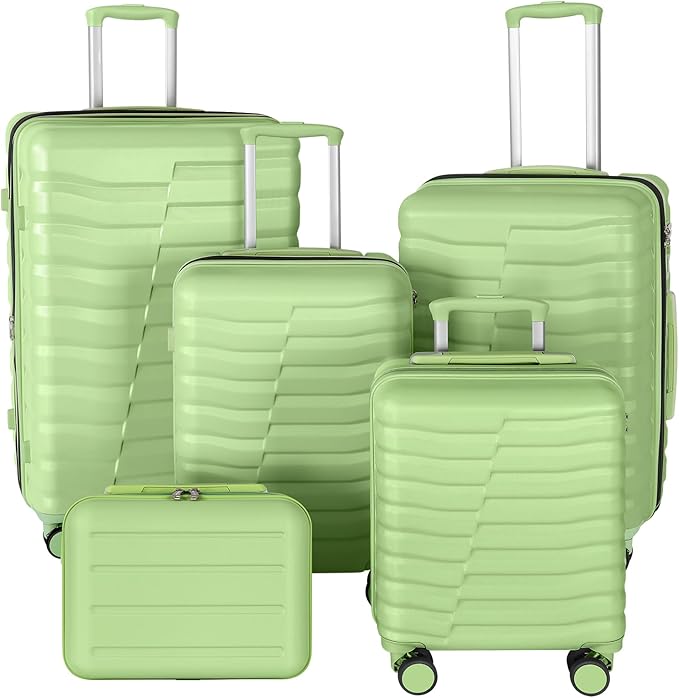 5-Piece Luggage Set, Lightweight ABS+PC Hard Shell Suitcase with YKK Zipper & TSA Lock for Family, Avocado Green, 14in/18in/20in/24in/28in
