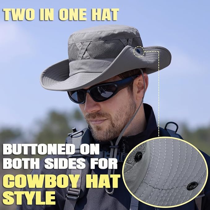 Fishing Hat UPF50+ Wide Brim Sun Hat for Men Women, Water Resistant Summer Sun Protection Safari Hat Hiking Bucket Hat