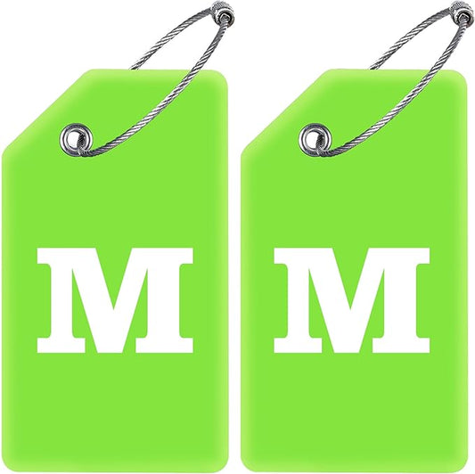 Gostwo 2 Pack Silicone Luggage Tags for Suitcases, 26 Initial Letter Baggage Labels Handbag School Bag Suitcase Instrument Tag with Stainless Steel Loop(Green)(Letter M)