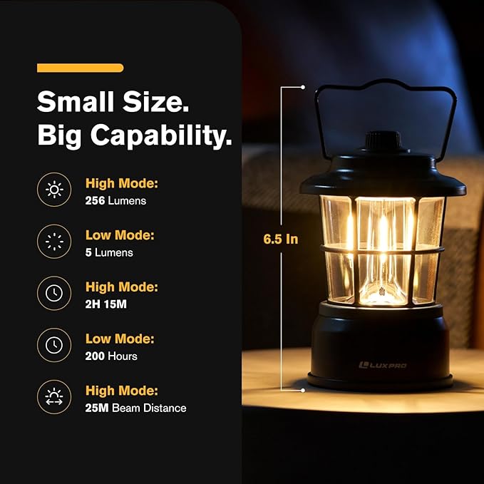 LUXPRO Retro LED Lantern - Battery-Powered Emergency Lantern - Water Resistant - Bright LED Lamp for Indoor & Outdoor Use - Use for Tents, Hiking or Hurricane Prep (Black, Pack of 2)