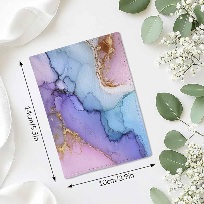 Marble Texture Passport Holder for Travel Pink and Purple Marble PU Leather Passport Cover Wallet Cute Passport Card Holder for Women and Men