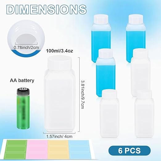 3.4oz Leak Proof Plastic Bottles with Caps, Laboratory Reagent Bottle, Reusable Small Pill Storage Containers for Travel, Classrooms, Home (3 pack translucent,3 pack white)