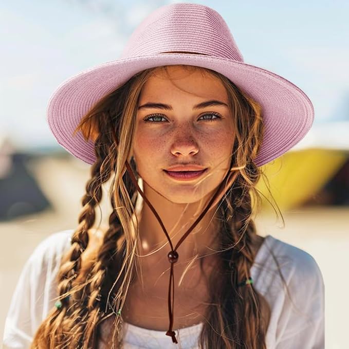 DRESHOW Women Straw Panama Hat Travel Fedora Beach Sun Hat Summer Wide Brim Straw Roll up Hat UPF 50+