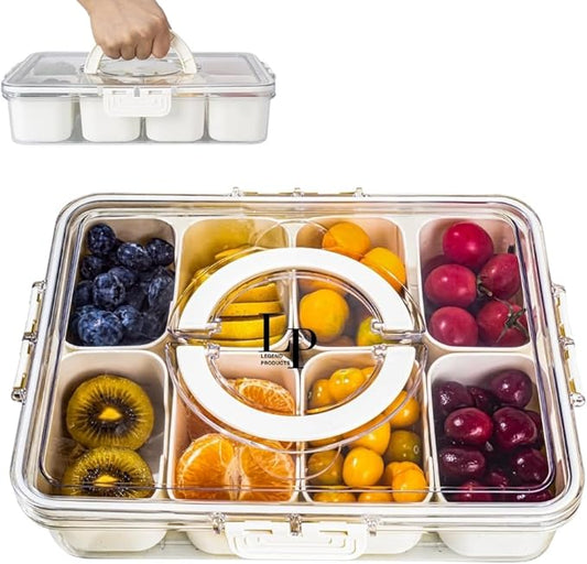 Legend - Divided Serving Tray with Lid and Handle | Snackle Box Container for Fruits, Candy, Charcuterie, Snacks | Portable Snack Tray for Travel, Party & Picnic (8 Compartments)