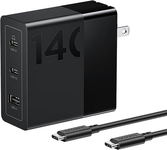 Lenovo 140W USB C Charger, GaN Power Adapter with 3-Port Fast Charging, PD 3.1 Compatible, Black, for ThinkPad, MacBook, iPhone, Samsung Galaxy, with 240W Cable