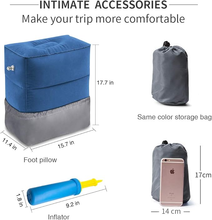 ZIQIAN Inflatable Travel Foot Rest Pillow Portable Adjustable Three Layers Height Foot Stool for Airplanes, Cars, Home, Trains, Office to Lay Down or Sleep on Long Flights with Pump (Blue 2PACK)