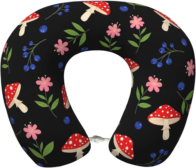 Travel Neck Pillows for Sleeping Rest Car Airplanes Floral Blueberry Red Mushrooms, Memory Foam with Removable Breathable Zipper Cover Washable for Men Women