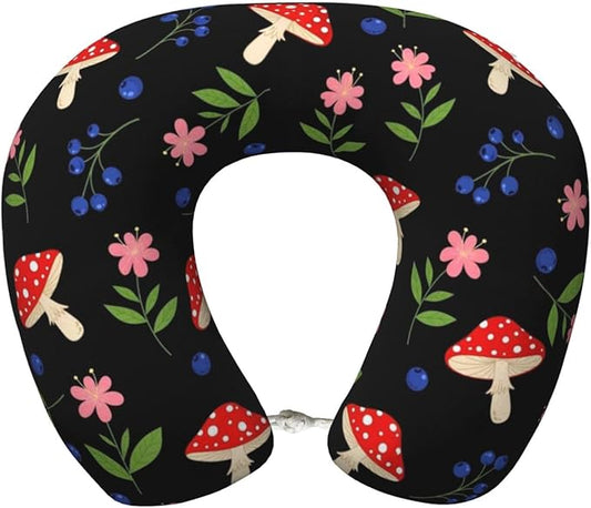 Travel Neck Pillows for Sleeping Rest Car Airplanes Floral Blueberry Red Mushrooms, Memory Foam with Removable Breathable Zipper Cover Washable for Men Women