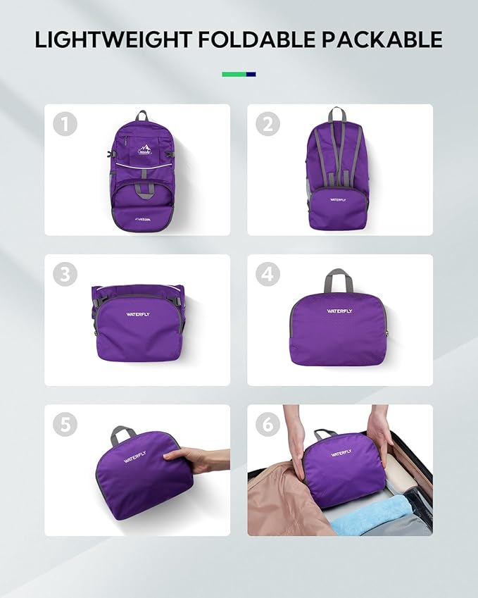 WATERFLY Hiking Packable Daypack Backpack: 25L Ultra Lightweight Day Pack for Woman Man - Small Compact Folding Back Pack for Outdoor Sport Cycling Camping Travel Trip - Purple