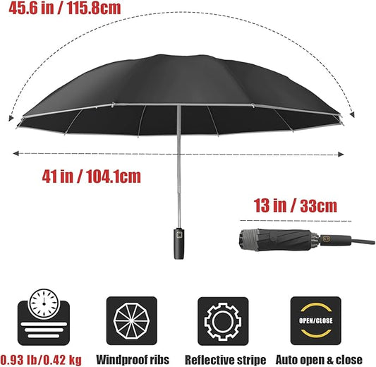 Large Windproof Travel Umbrella, Portable Reverse Folding Car Umbrella, Compact Inverted Design with Waterproof Canopy, Automatic, 10 Durable Ribs, 45.6/13 Inch, Fits Backpack