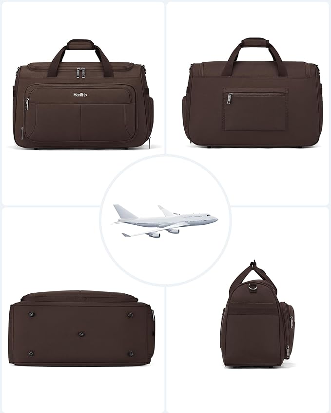 HanTrip Carry on Duffel Bag Foldable Duffle Bags for Travel, Large Personal Item Bags for Airplanes, Weekender Overnight Mens Travel Tote Bag for Women Softside Carry on Luggage (Coffee)