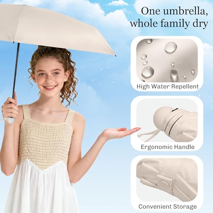 TOPSAIL Mini Umbrella Compact for Travel, UV Sun Protection(UPF50+), Waterproof for Light Rain, Suitable for Women & Kids With a Case, Manual 6k Folding Small Pocket Size Ufor Backpack/Purse