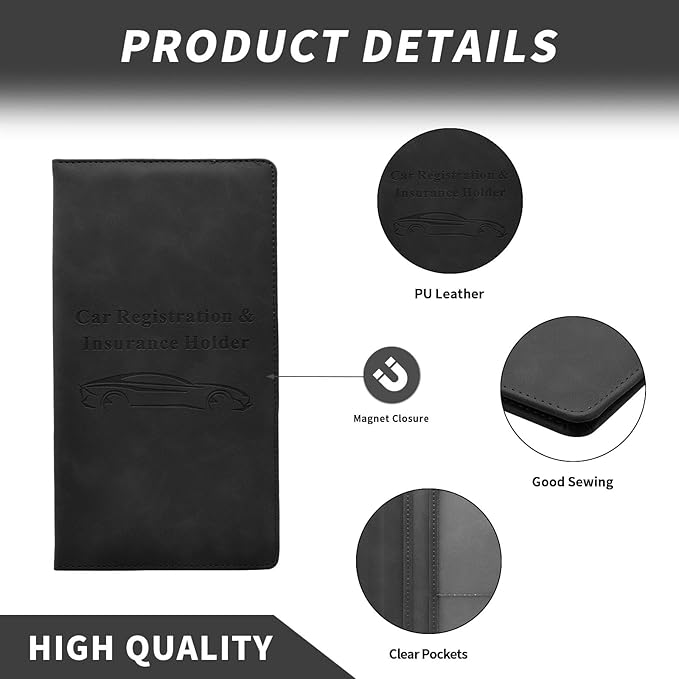 Car Registration and Insurance Card Holder - Vehicle Glove Box Document Organizer - Premium PU Leather Wallet Case - Driver License - Black