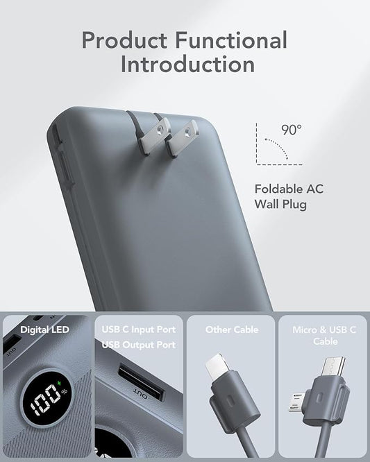 Portable Charger Power Bank 20000mAh,VRURC 22.5W Fast Charging Power Bank With Cables, 20K USB C Portable Charger With Wall Plug, Phone Battery With Cords For iPhone, Samsung, Android Phones, etc-Grey