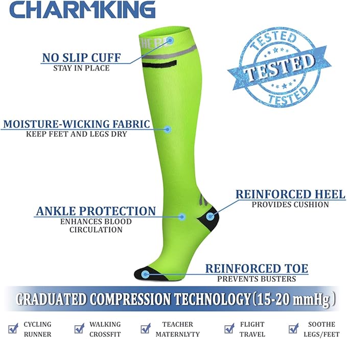CHARMKING Compression Socks for Women & Men Circulation (8 Pairs) 15-20 mmHg is Best Support for Athletic Running,Cycling