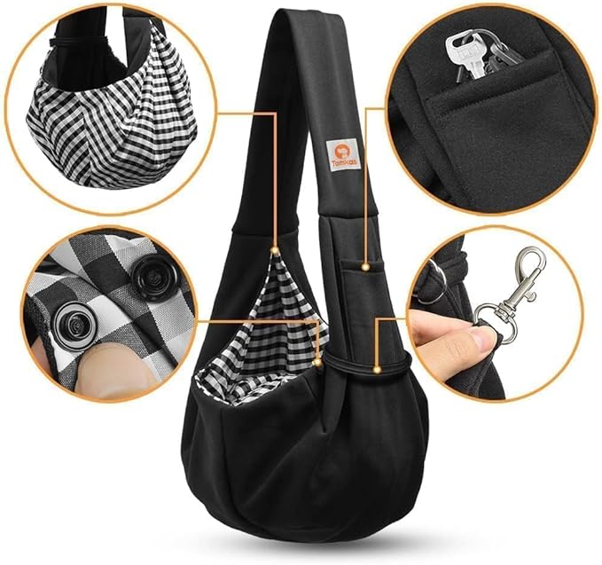 Tomkas Small Dog Sling Carrier - Classic Pocket & Classic Strap - for 3-10 lbs Pets(Black)