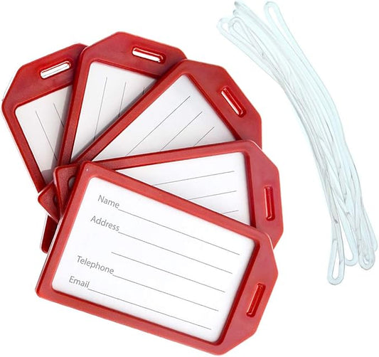 5 Pack - Premium Rigid Airline Luggage Tag Holders with 6" Worm Loops - Heavy Duty Hard Plastic -Suitcase ID Tag Identifiers with Business Card Insert Window by Specialist ID (Red)