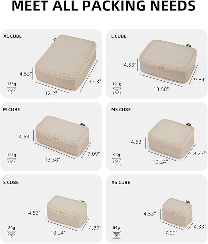 6 Set Compression Packing Cubes for Travel, Large Medium Small Luggage Organizers, Storage Bags for Clothes (6 Pack, Classic Khaki)