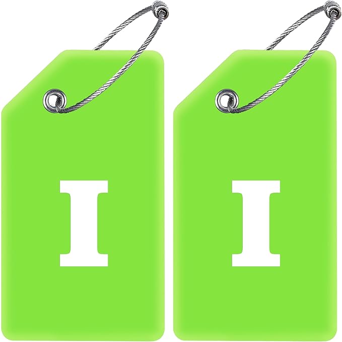 Gostwo 2 Pack Silicone Luggage Tags for Suitcases, 26 Initial Letter Baggage Labels Handbag School Bag Suitcase Instrument Tag with Stainless Steel Loop(Green)(Letter I)