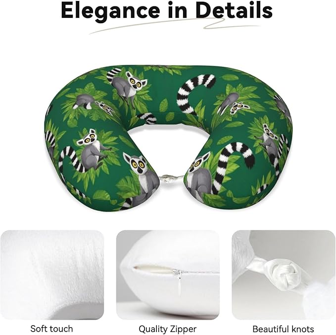 Neck Support Pillow, Comfortable Memory Foam Car/Flight/Airplane Chin Pillows U Shaped Cushion for Office Travel Sleeping Lemurs Monkey Tropical Green Leaves Floral