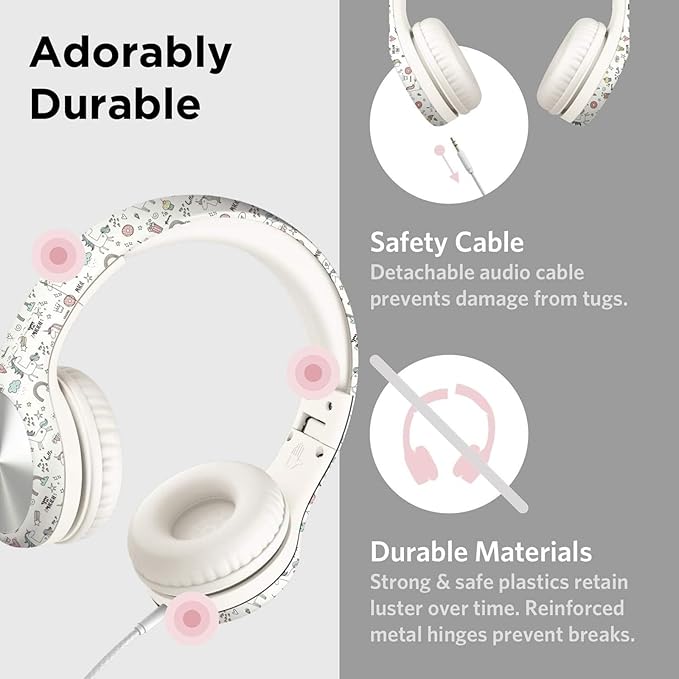 LilGadgets Connect+ Pro Wired Kids Headphones for School with Microphone, Volume Limiting Over-Ear Headset with Cord, SharePort Technology & SoftTouch Padding, Unicorn