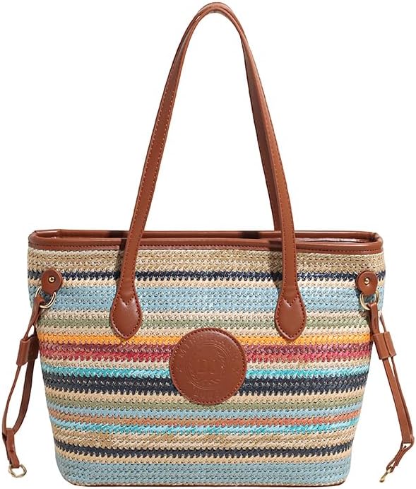 ZOCILOR Women's Straw Shoulder Tote Bag with PU Leather Trim, Large Woven Beach Handbag, Lightweight Casual Summer Purse