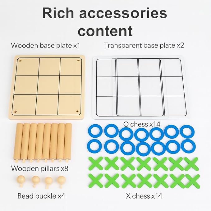 3D Ultimate Wooden Tic Tac Toe Board Game – Classic XO Strategy Game for Kids & Adults, Fun Family Table Games Night, Durable Wooden Tabletop Game