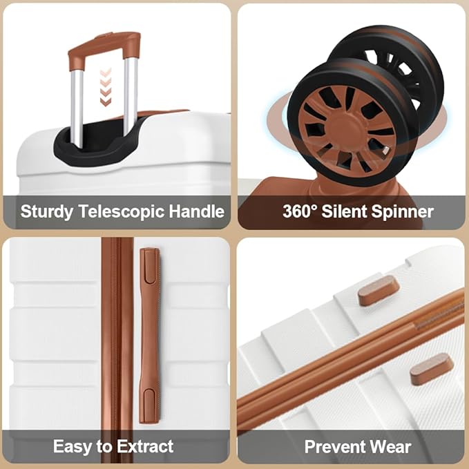 AnyZip Luggage Set 5 Piece PC ABS Hardshell Lightweight Suitcases for Travelling with 4 Universal Wheels TSA Lock Carry on Suitcase White Brown