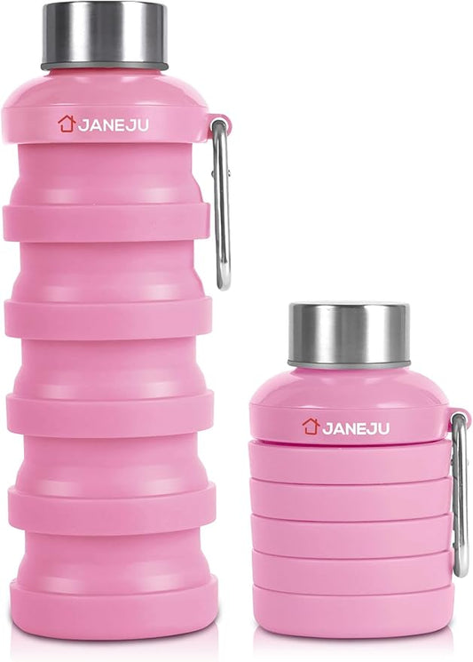 JaneJu Collapsible Water Bottle, 17oz BPA Free Silicone Reusable Portable Lightweight Foldable Water Bottles with Carabiner, Portable Leak Proof Sports Water Bottle (Pink)