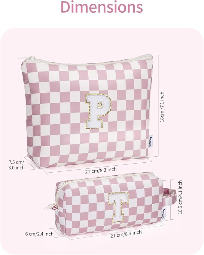Narwey 2 Piece Personalized Initial Makeup Bag Checkered Cosmetic Bags, 6 8 10 11 12 13 14 16 18 Years Old Teen Girl Gifts Trendy Stuff Birthday Gifts for Women, Travel Toiletry Bag (Pink Letter P)