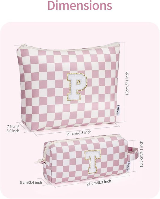 Narwey 2 Piece Personalized Initial Makeup Bag Checkered Cosmetic Bags, 6 8 10 11 12 13 14 16 18 Years Old Teen Girl Gifts Trendy Stuff Birthday Gifts for Women, Travel Toiletry Bag (Pink Letter P)