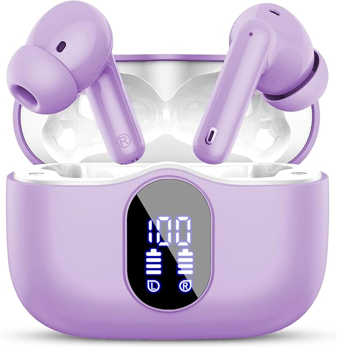 Wireless Earbuds, Bluetooth 5.4 Headphones Bass Stereo, Ear Buds with Noise Cancelling Mic, LED Display in Ear Earphones Clear Calls, IP7 Waterproof Bluetooth Earbuds for Laptop/Phones/Sports, Purple