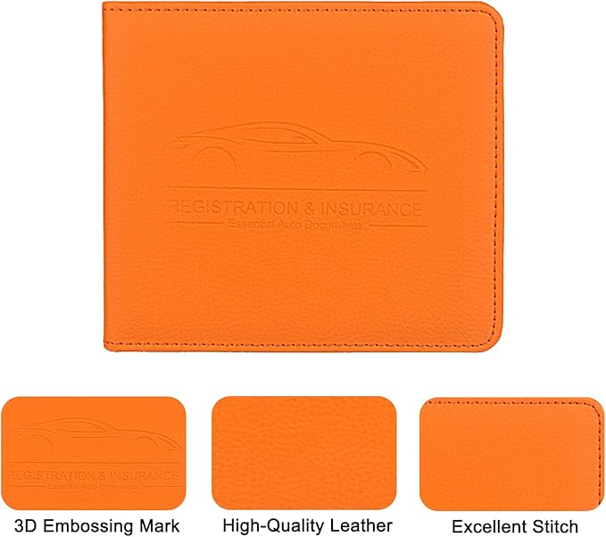 Car Registration and Insurance Holder, Leather Registration and Insurance Card Holder, Vehicle Glove Box Organizer - For Documents, Cards, License (Orange)