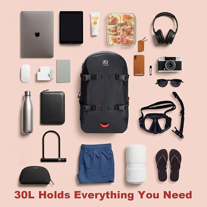 Airtight Waterproof Backpack 30L, Floating Dry Bag with Resin Zipper, IPX7 Gear Protection Large Capacity for Men, Kayaking, Paddle Boarding, Fishing, Travel, Surfing, Work, Outdoor Black