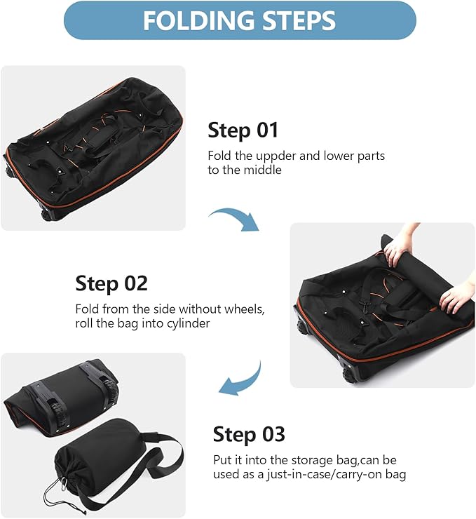 32” 1680D Oxford Foldable Duffle Bag with 2 Wheels,110L to 140L Expandable Soft Sided Rolling Travel Bag,Black-orange