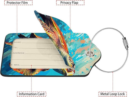 Colorful Wild Sea Turtle Luggage Tags for Suitcases,2 Pack Luggage Tag, Leather Stainless Steel Loop Label Tag for Women Girl Travel Bag