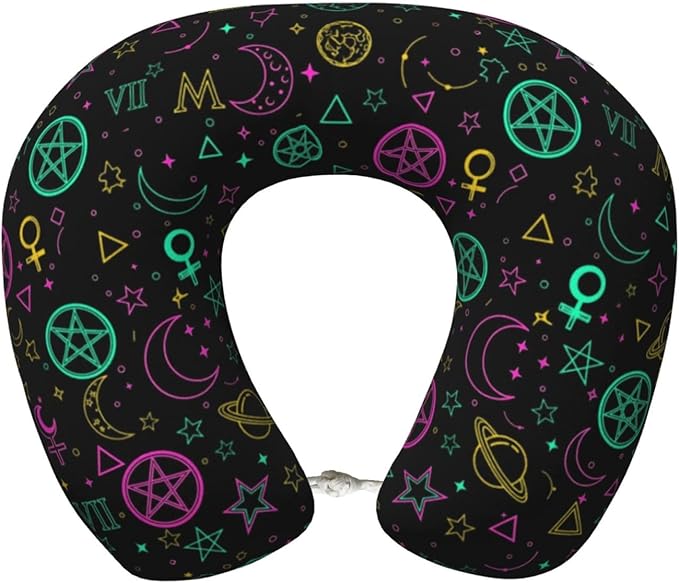 Travel Pillow Chin Neck Support, Comfortable Airplane Car Pillows for Rest, Memory Foam U Shaped Office Home Nap Sleeping Cushion Witch Magic Sun Moon Star Alchemical Cosmic Signs Witchcraft